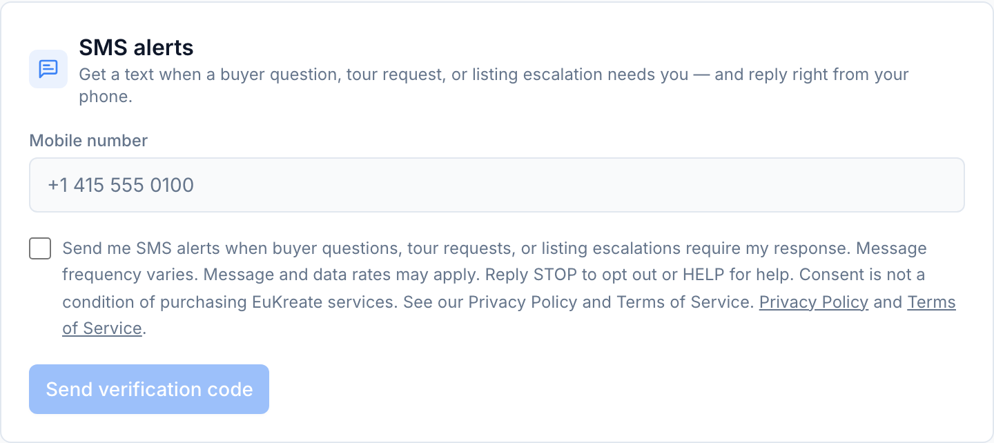 EuKreate in-product SMS alerts opt-in form: mobile number field, an unchecked SMS consent checkbox showing the disclosure, links to the Privacy Policy and Terms of Service, and a Send verification code button.